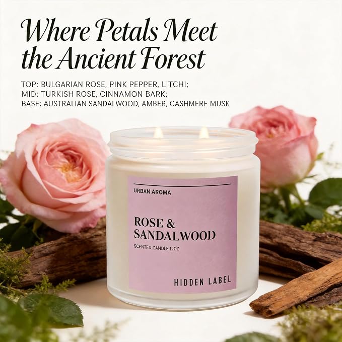 Hidden Label Rose Sandalwood Soy Candle, 12oz 2-Wick, 70H Floral Warmth | Non-Toxic Natural Wax, Paraben & Phthalate-Free, Clean Burn | Elegant Decor & Gift-Ready | Stress Relief & Grounding Calm