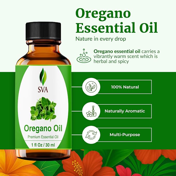 SVA Oregano Essential Oil – 1 Fl Oz – 100% Natural Oregano Oil - for Diffuser, Hair Care, Face, Skin Care, Aromatherapy, Scalp and Body Massage, Soap and Candle Making – with Dropper