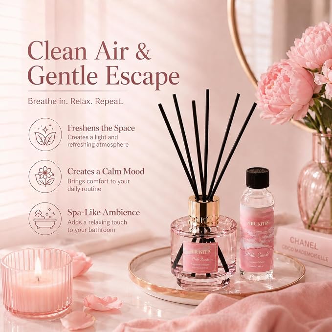 Airkeep Reed Diffuser Set with Refill & 8 Reed Sticks, 6.96 fl oz Pink Sands Home Fragrance, Long Lasting Aromatherapy Diffuser for Bedroom, Bathroom & Living Room