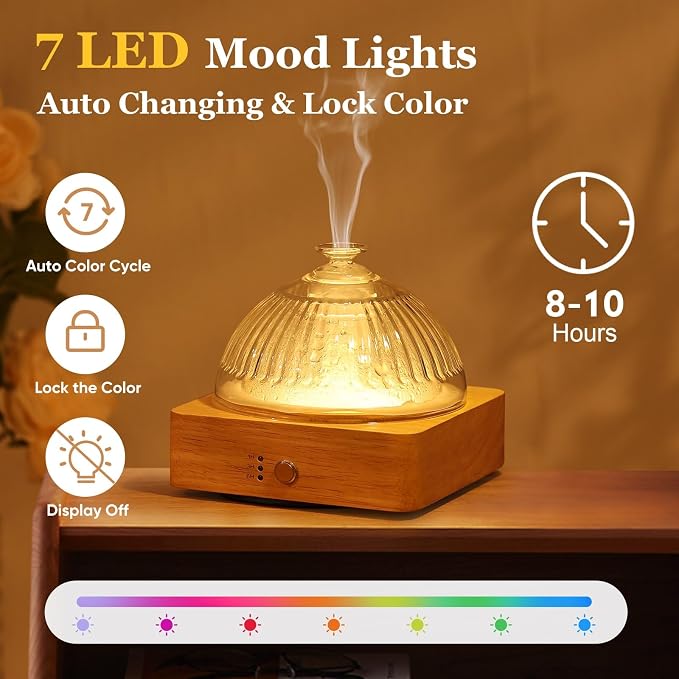 Lecdura Glass Essential Oil Diffuser with Glass Reservoir & WoodBase, 200ml Ultrasonic Lock Color Timer Auto-Off 7 Color Light Aroma Glass Dome Diffuser for Home Office Bedroom Yoga