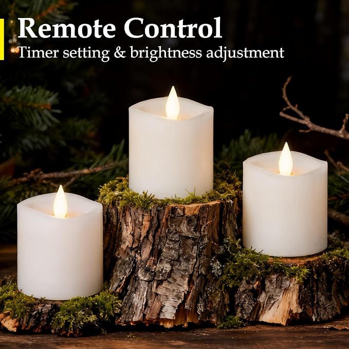 Flameless Candles with Flickering Flame & Remote - 3×3'' Battery Operated LED Pillar Candles, Smokeless Fake Candles for Indoor Use - Realistic 3 Inch Drip-Free Candles with Timer (White, 3-Pack)