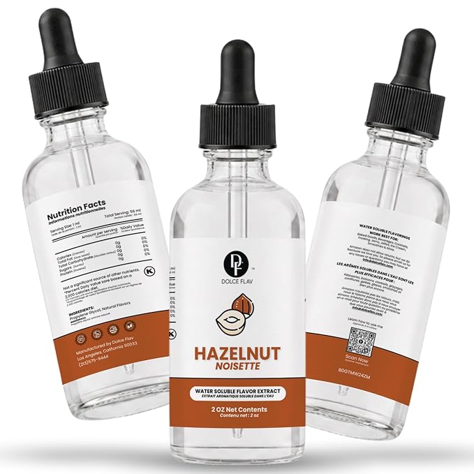 Dolce Flav Natural Hazelnut Extract – 2 Ounce Water-Soluble Kosher, Sugar-Free, Concentrated Toasted Hazelnut Flavoring for Coffee, Baking & Desserts, Includes Measured Dropper