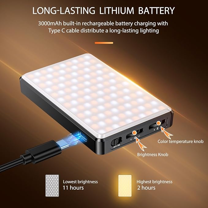 120 LED Video Light, Portable USB Photo Light Dimmable 2500-9000K CRI 95+ 5000mAh Battery with Tripod with Colored Filters and Clip, Photo Lamp for Phone/iPad/Camera