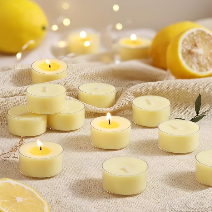 Scented Tea Lights Candles, Lemon Zest, 8 Pack – Soft Yellow Scented Tealight Candles – 100% Palm Wax, 6 Hour Burn Aromatherapy Tea Light Votive Candle for Holiday Brunch, Kitchen Decor, Summer Fresh