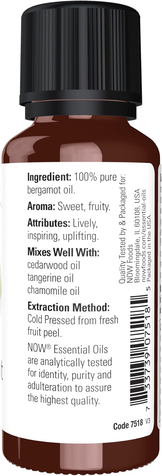 NOW Essential Oils, Bergamot Oil, Sweet Aromatherapy Scent, Cold Pressed, 100% Pure, Vegan, Child Resistant Cap, 1-Ounce