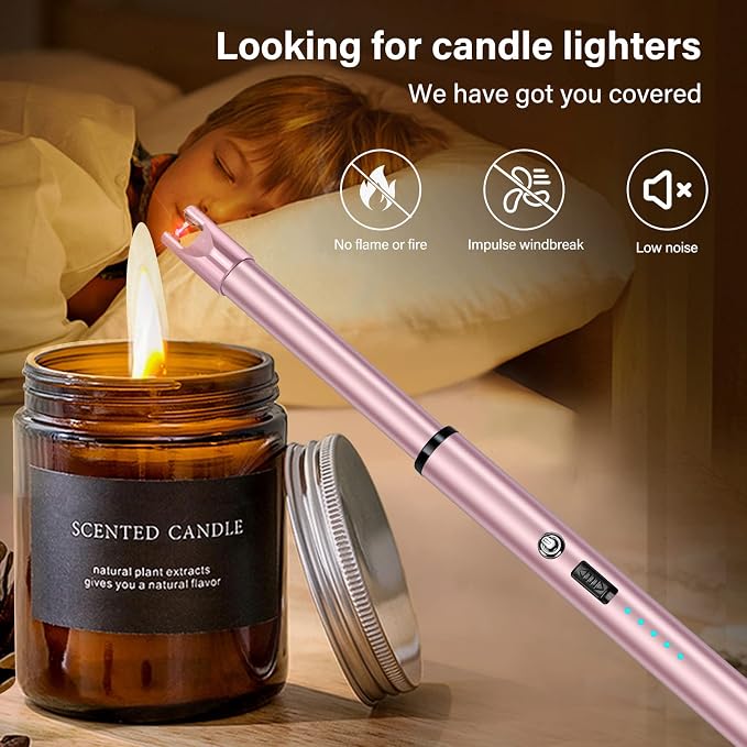 Electric Candle Lighter Windproof USB Rechargeable Flameless Long Neck Lighter for Candles Gas Stove Fireplace BBQ Kitchen Grills (Pink)