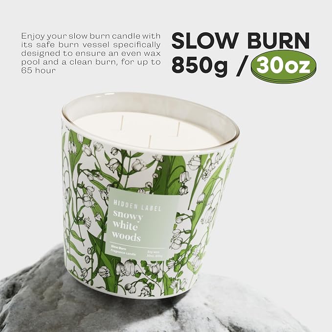 Hidden Label Snowy White Woods Candle, Giant 30oz 3 Wick Soy Candles Non Toxic, Scented Candle White Aromatherapy for Home, 100H Long Lasting Luxury Candles GIF