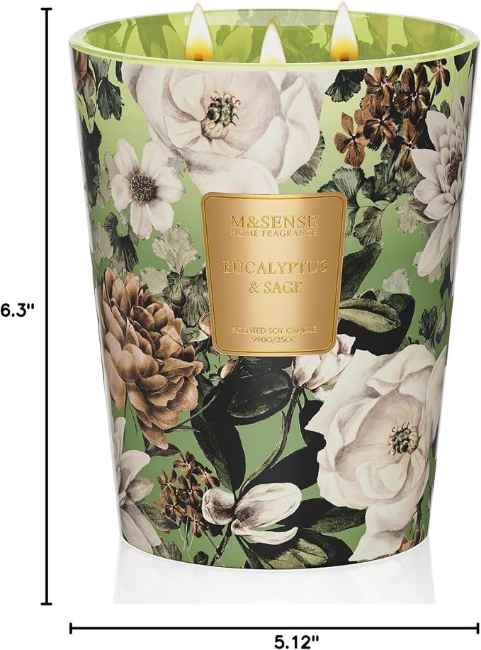 M&SENSE Eucalyptus Sage Soy Candle, 35oz 3 Wick 150H Non Toxic Long Lasting, Large Spa Fresh Focus Aromatherapy Candles, Home Office & Sleep Support