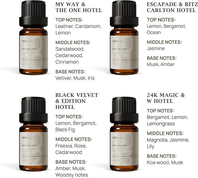 VINEVIDA Luxury Hotel Scent Collection - Set of 8 Premium Fragrance Oils - 5 Star Hotel Essential Oil, Fragrance for Home Diffusers, Soap & Candle Making