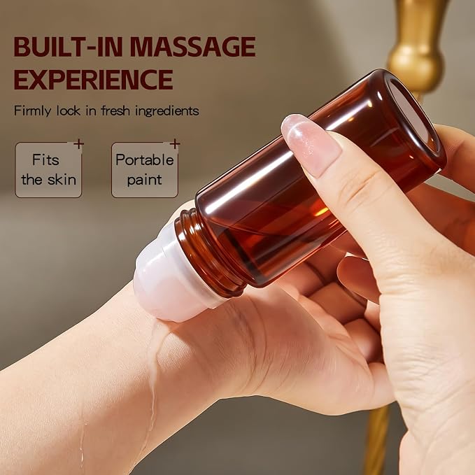 Rose Quartz Refillable Roller Ball Applicator for Essential Oils 50ml, Amber Glass Roll on Bottle, Leak-Proof Oil Roller Bottle, Ideal for Travel and Personal Care