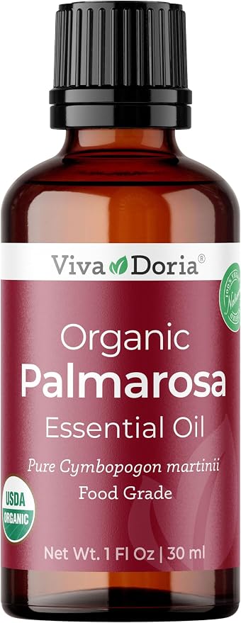 Viva Doria Palmarosa Essential Oil, USDA Certified Organic Palmarosa Oil, 100% Pure, Natural Essential Oil, Undiluted, for Aromatherapy | Food Grade, 30 mL (1 Fluid Ounce)