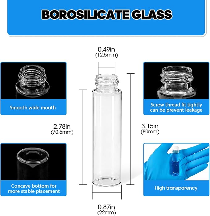 20ml Clear Glass Vials with Screw Caps and Plastic Stoppers, Small Liquid Sample Vial, Leak-Proof Vial, 50PCS(White Cap)