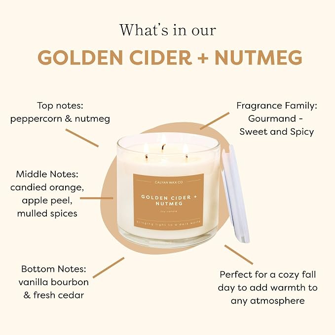 Calyan Wax Co. Golden Cider & Nutmeg 3 Wick Scented Candle - 43 Hour Burn - Luxury 3 Wick Soy Candles - Clean Soy Wax Candles - Long Lasting Large Glass Jar Candle for Home - 14.9oz