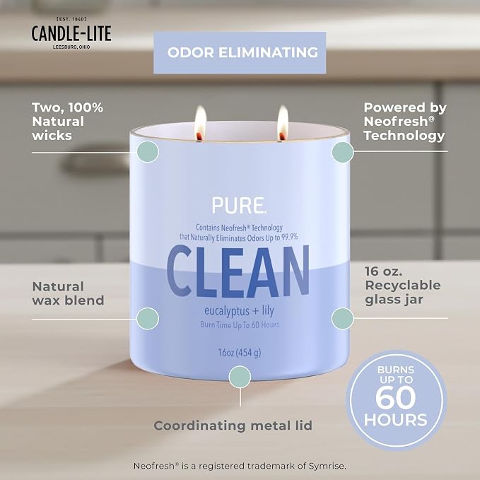 Candle-Lite Pure Eucalyptus & Lily Odor Eliminating Scented Candles, Neofresh Technology Eliminates 99.9% of Odors, 16 oz 2-Wick Jar, Proudly Poured in The USA, Up to 60 Hours Burn Time