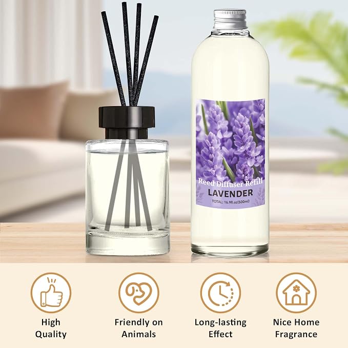 STRN Lavender Reed Diffuser Refill 500ml with 6 Natural Reed Sticks, Premium Aromatherapy for Home, Long-Lasting Fragrance for Living Room, Bedroom, Office | Alcohol-Free