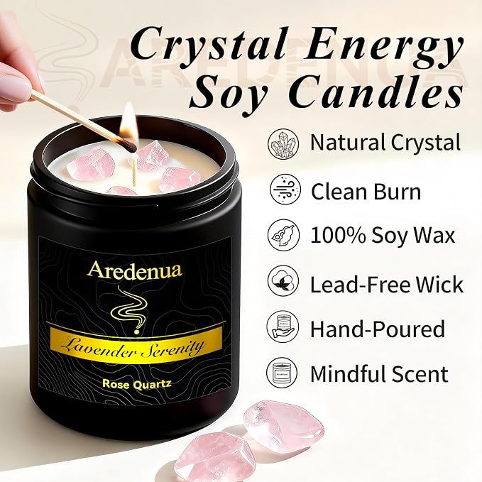 Lavender Candle for Sleep and Stress Relief, Rose Quartz Crystal Healing Candle with Natural Soy Wax, Scented Candle for Relaxation, 7oz Long Lasting 50 Hours, Calming Gifts for Women Men
