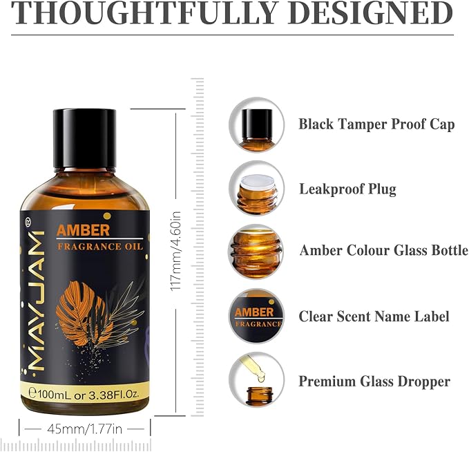 Amber Fragrance Oil Essential Oil, MAYJAM 3.38FL.OZ Amber Oil for Diffusers for Home, Long Lasting Scented Oils for Soap Candle Making - 100ML