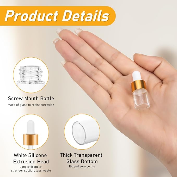 100 Pack Mini Dropper Bottle for Cuticle Oil, 2ml Small Sample Essential Oil Dropper Bottles for Travel, Clear Empty Vails for Cosmetic Perfume