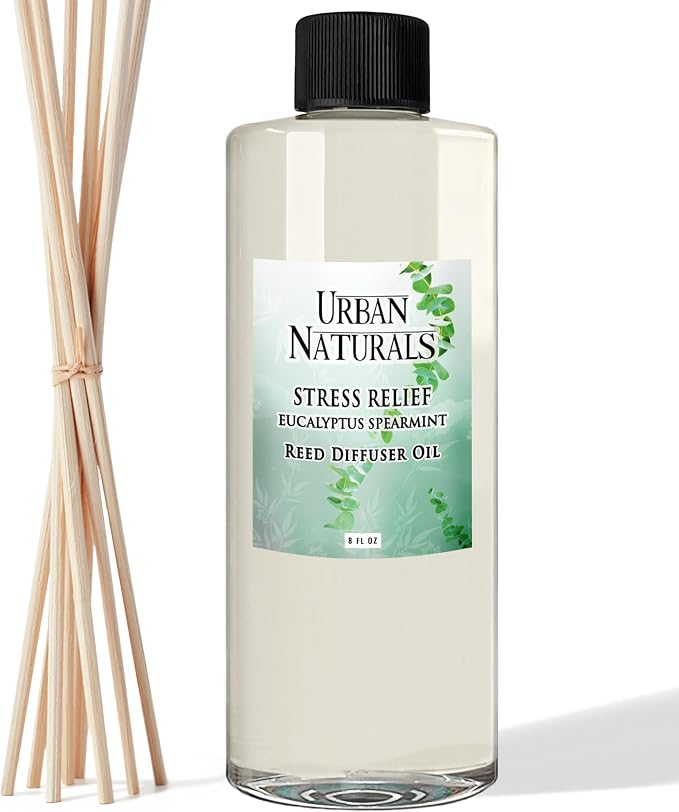 Urban Naturals Reed Diffuser Oil Refill Eucalyptus Spearmint with Lemon Peel, Clary Sage 8 oz + Free Reed Sticks, Made in the USA