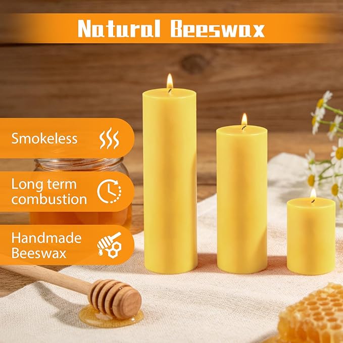 12 Pack Pure Beeswax Pillar Candles, 2x3/6/8 Inch, Natural Mild Honey Scent, Long Burning, Smokeless & Dripless for Home Decor & Prayer