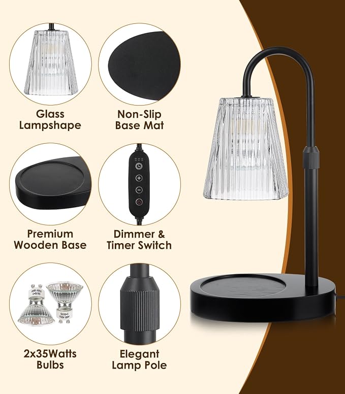 Vanranger Candle Warmer Lamp - Electric Candle Lamps Warmer with Dimmer Adjustable Height Timer Lamp Candles Warmers Glass Vintage Nightstand Lamp Sets with 2 Bulbs（Grey）