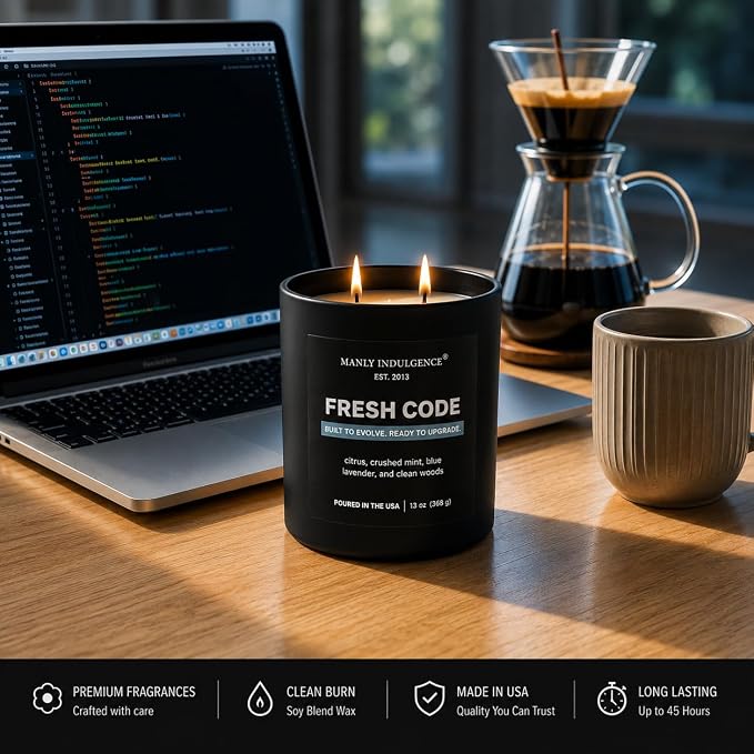 Manly Indulgence Fresh Code Scented Candle, 2 Wick, 13 oz, Premium Soy Blend Wax, Candles for Home Scented - Made in The USA