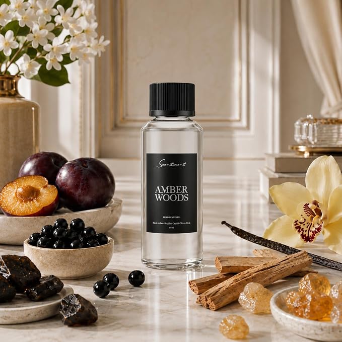 Scentiment Amber Woods Diffuser Oil - Premium Hotel Scent with Notes of Black Amber, Plum, & Crème de Cassis Home Scent, Aromatherapy Fragrance Oil Diffuser Refill - 4.06 fl oz (120 mL)