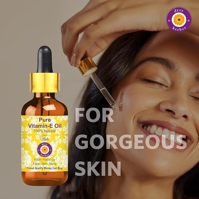 Deve Herbes Vitamin E Oil with Glass Dropper | Infused | Pure | Natutal | Undiluted | for Diluting Essential Oils | for Skin & Massage | Non-Sticky| Lightweight| Men & Women | 30ml (1 oz)