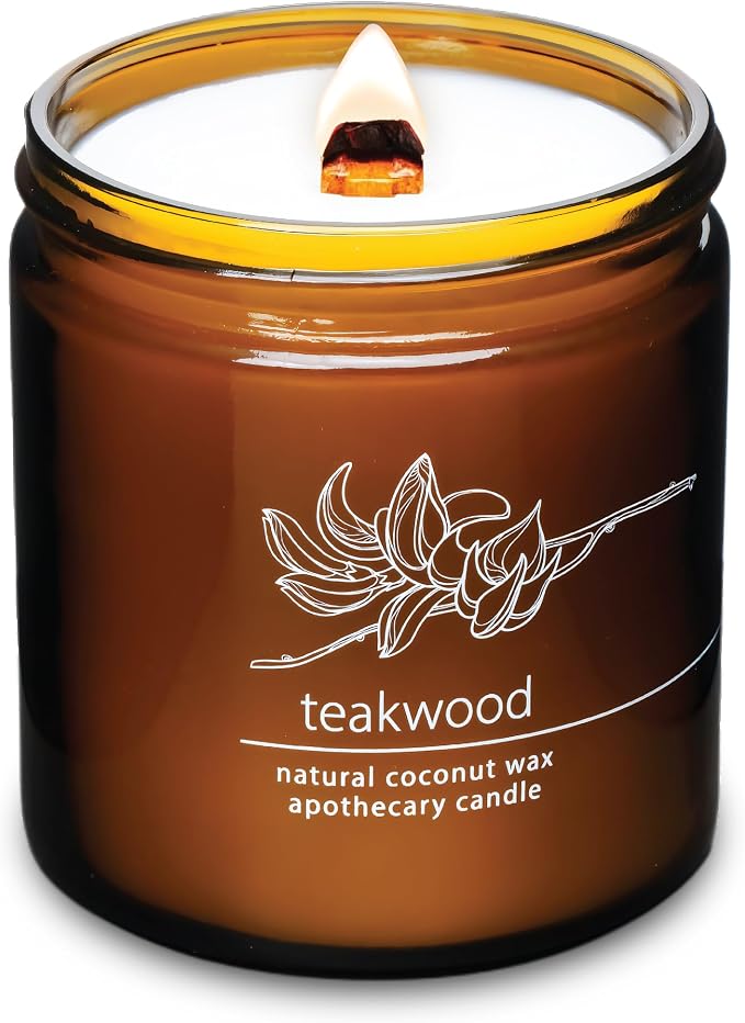 Hemlock Park Teakwood Apothecary Scented Candle | Crackling Wood Wick, Botanical Fragrance & Coconut Apricot Wax | Up to 80 Hour Burn Time | 16 oz | Made in USA