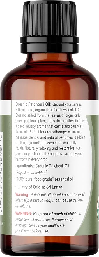 Viva Doria Patchouli Essential Oil, USDA Certified Organic Sri-Lankan Patchouli Oil, 100% Pure, Natural Essential Oil, Undiluted, for Aromatherapy | Food Grade, 30 mL (1 Fluid Ounce)