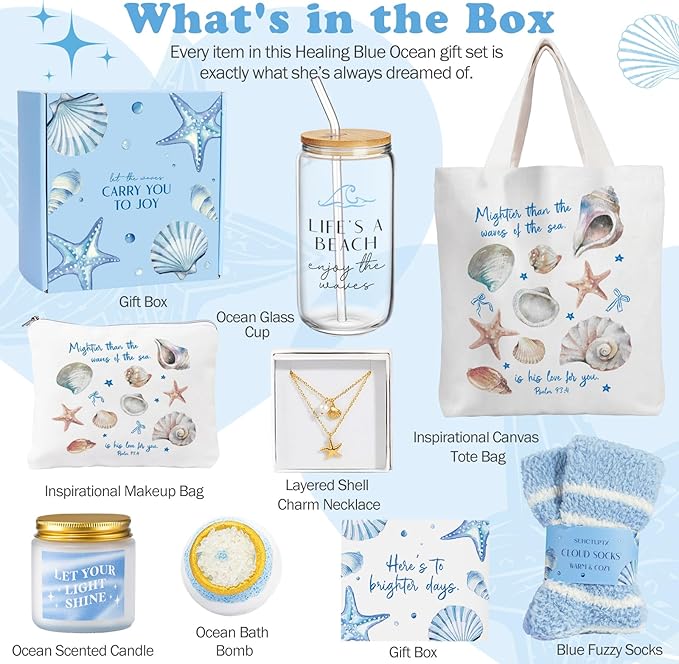 Gifts for Women, 8pcs Ocean Happy Birthday Gifts for Women, Christmas Ideas Inspirational Get Well Soon Gift Baskets Mothers Day Box w/Seashell Tote Bag for Her Mom Sister Friend Friendship
