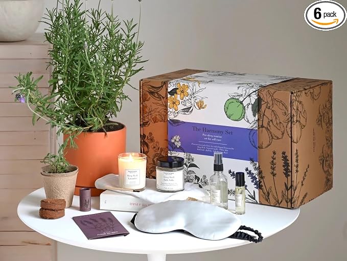FleurDuBien Lux Lavender Growing Kit & Spa Gift Basket Self-Care Set with Lavender Silk Eye Mask, Mist, Roll-On, Bath Salts, Soy Wax Candle with Perfumist-Crafted Scent Terracotta Pot