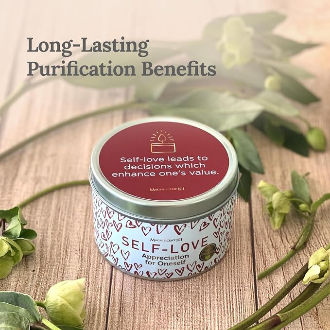 Magnificent 101 Long Lasting Self-Love Aromatherapy Tin Candle | 6 Oz - 35 Hour Burn | All Natural Soy Wax with Sage Rose Lavender Scented for Appreciation for Oneself, Purification, Manifestation