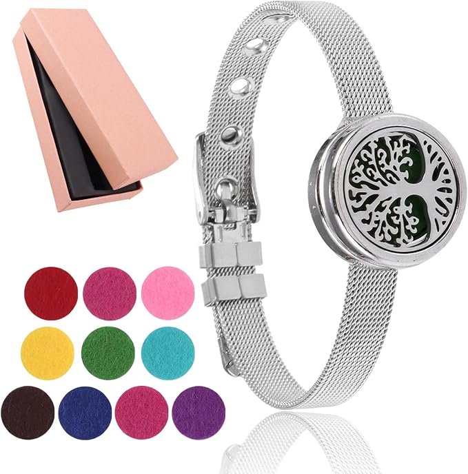 Essential Oil Diffuser Bracelet with Gift Box Aromatherapy Locket Adjustable Stainless Steel Tree of Life Watch Chain Bracelet with 10 Pcs Refill Pads for Women
