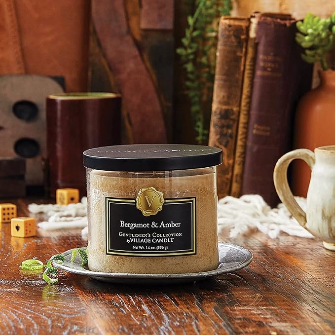 Village Candle Bergamot & Amber Glass 3-Wick Bowl, Scented Candle, 14 oz., Brown