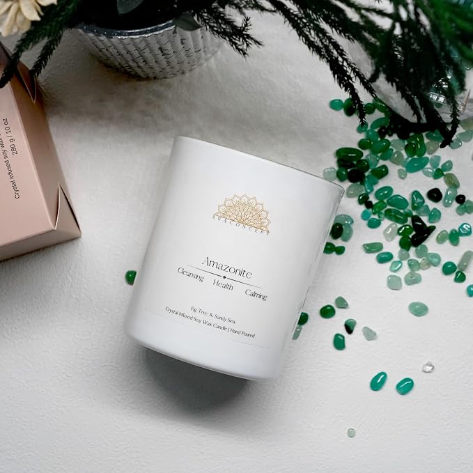 Amazonite Crystal Candle – 10oz / 280g Fig Tree & Sandy Sea Aromatherapy Hand-Poured Soy Wax Genuine Amazonite Healing Crystals Embedded Cleansing, Health & Calming Gift Box Included