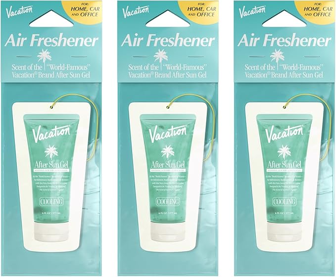 Vacation Car Air Freshener, Pack of 3 - Hanging Air Freshener for Car, Home and Office, After Sun Gel Signature Scent, Aloe and Cucumber, Long-Lasting Deodorizer