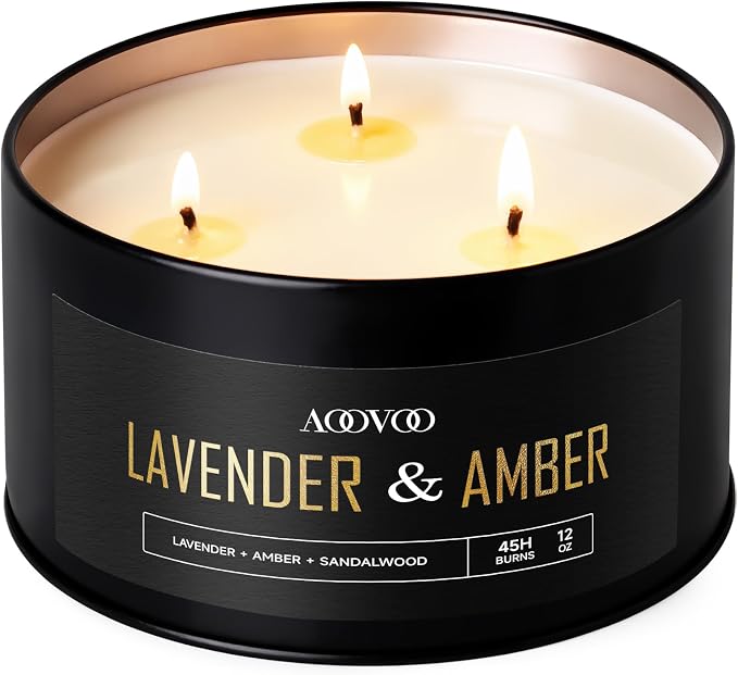 AOOVOO Lavender Amber Candles for Men - 3 Wick 12oz Large Scented Candle, Long Lasting Soy Candles for Home Scented, Strong Fragranced Masculine Black Candle Gift for Women & Men