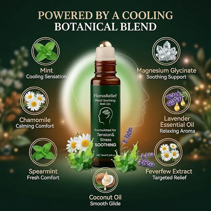 Florus Relief Roll on, Migraine Roll on with Magnesium Glycinate, Lavender, Peppermint, Chamomile for Headache Support (1)