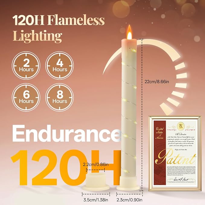 6 Pcs Flameless Taper Candles, Battery Taper Candles Flickering Flame with Embedded Star String, Outdoor Candle Sticks, Timer Function Ideal for Weddings, Anniversaries, Birthday Party(Ivory)