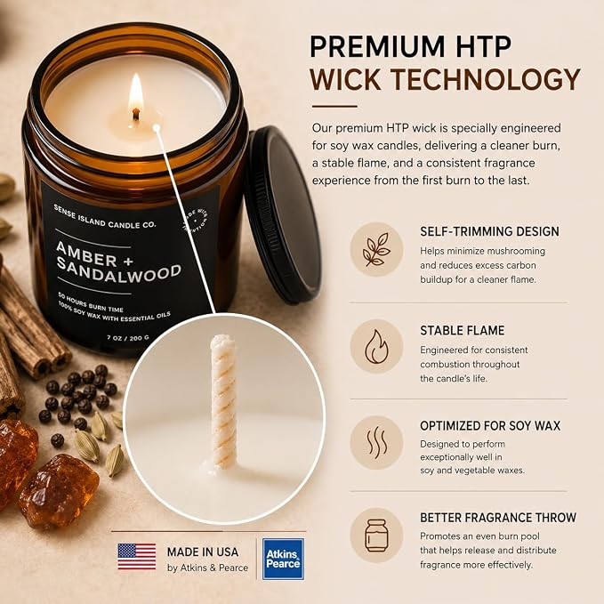 Amber Sandalwood Scented Candles for Men&Women | Natural Soy Candle 7oz, up to 50 Hrs Burn Time Sweet Amber & Authentic Sandalwood Aroma