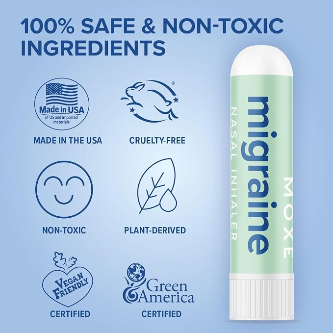 MOXE Migraine Relief Nasal Inhalers, Essential Oils for Headaches & Tension Relief, Portable Aromatherapy, Easy-to-Use, Pure & Undiluted, Peppermint, Spearmint, Eucalyptus, Tea Tree, 3 Pack