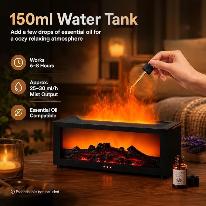 Essential Oil Diffuser, Fireplace Fire Flame Aromatherapy Diffuser, 150ml Ultrasonic CoolMist Humidifier, Scent Aroma Diffuser with 7Colors Light. Timer & Auto-Off for Home