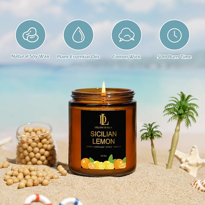 Sicilian Lemon Candles, 7oz Sicilian Lemon Scented Candle, Natural Soy Candles for Home Scented, Long Lasting with 50 Hour Burn Time, Gifts for Men Women