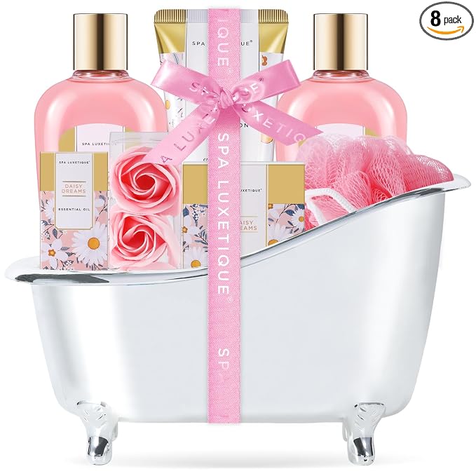 Self Care Gifts for Women, Spa Luxetique 8pcs Daisy Bath and Body Gift Baskets for Her, Bath Set with Bubble Bath, Lotion, Mothers Day Gifts for Mom