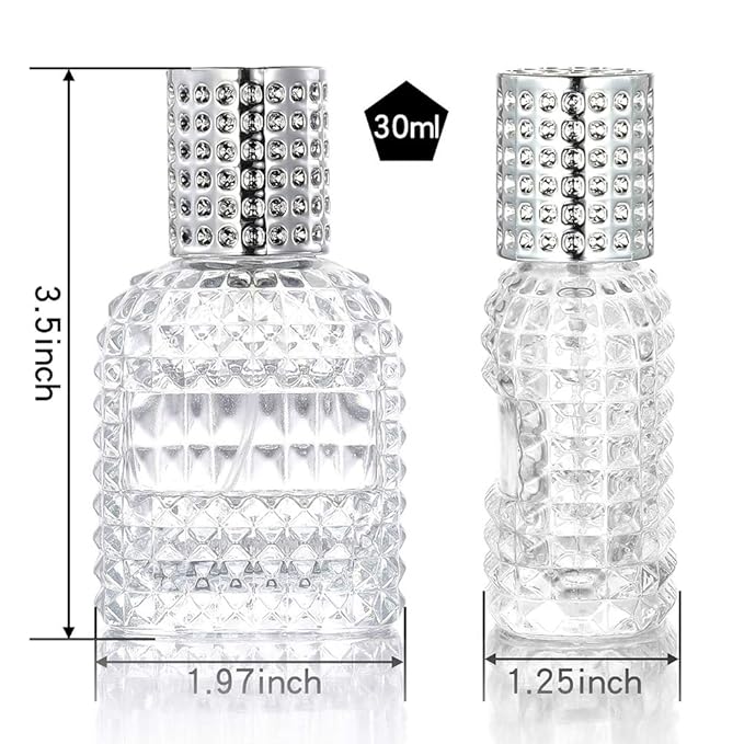 2 Pack 30ml 50ml Clear Empty Glass Spray Bottles，Refillable Empty Atomizer Perfume Bottles，Atomizer Spray Bottle With 4 kinds of perfume dispenser (50ml Silver cap and 30ml Silver cap)
