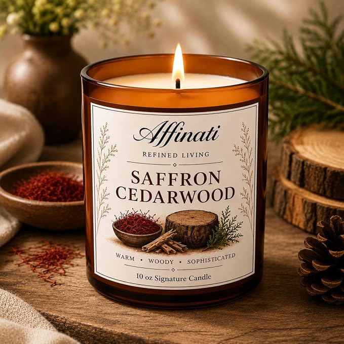 Affinati Saffron Cedarwood Signature Candle - 10 oz Luxury Soy Blend Wax Candle, Long-Lasting Home Fragrance
