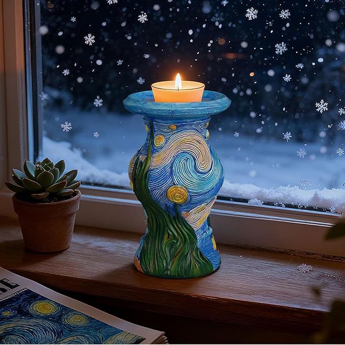 Vangogh Starry Nights Candlestick, Resin Decorative Taper Candle Holder, Art Home Decor, VintageCandle Sticks Holder, Candle Pillar Stands for Table Mantel Wedding Housewarming Gift Home Decoration
