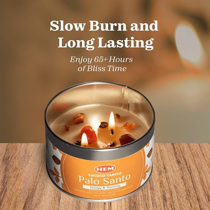 HEM Palo Santo Smudge Candle 3.2 oz Natural Soy Wax Candle with Real Crystals Inside | Long-Lasting 20 Hour Clean Burn | Home Cleansing, Meditation & Energy Purification