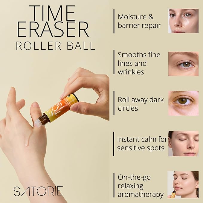 SATORIE Organic Castor & Frankincense Oil with Rose Quartz Rollerball - USDA Certified Essential Blend Oil Roll-On, Time Eraser Rollerball, for Face, Under Eyes, Anti-Aging, Dark Circles